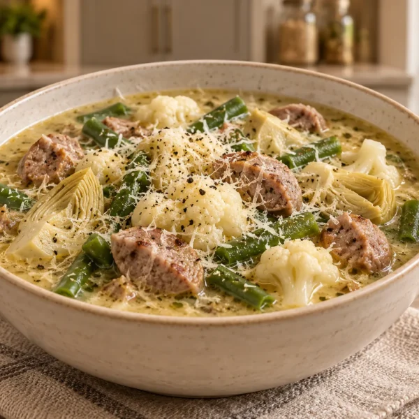 GAPS Italian Parmesan Sausage Soup in a cream bowl with sausage, green beans, cauliflower, and artichoke hearts