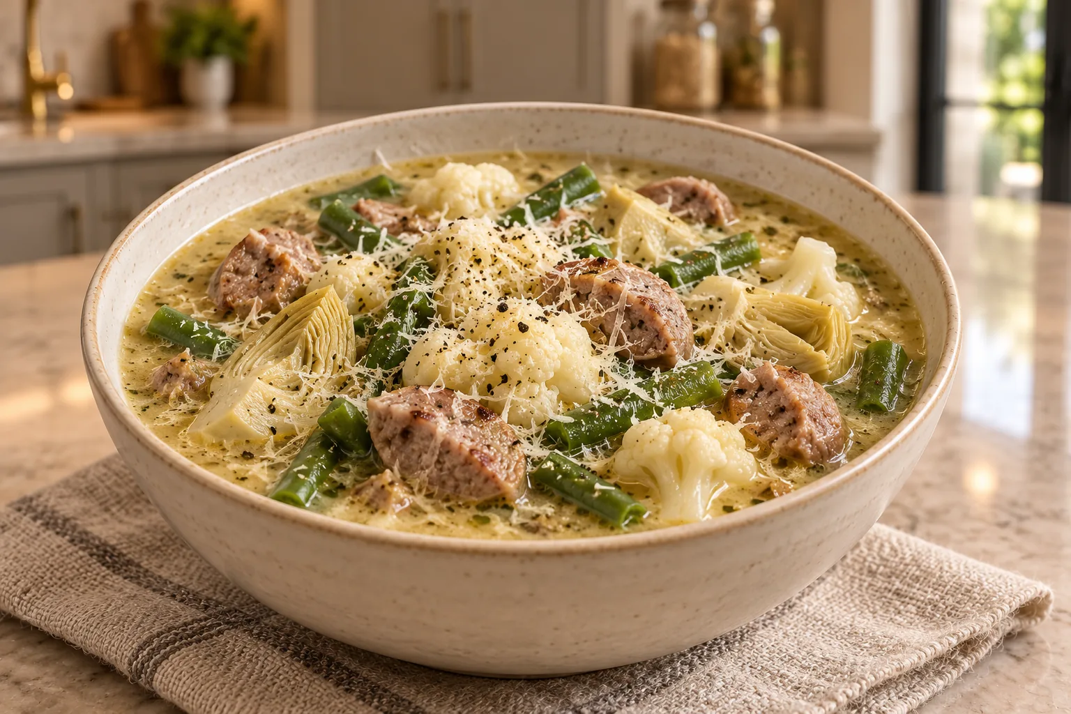 GAPS Italian Parmesan Sausage Soup in a cream bowl with sausage, green beans, cauliflower, and artichoke hearts