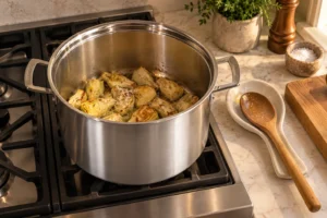 Artichoke hearts browning in animal fat and natural salt for Full GAPS Italian sausage soup