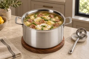 Full GAPS Italian sausage soup off heat with 24-hour sour cream swirling into the broth