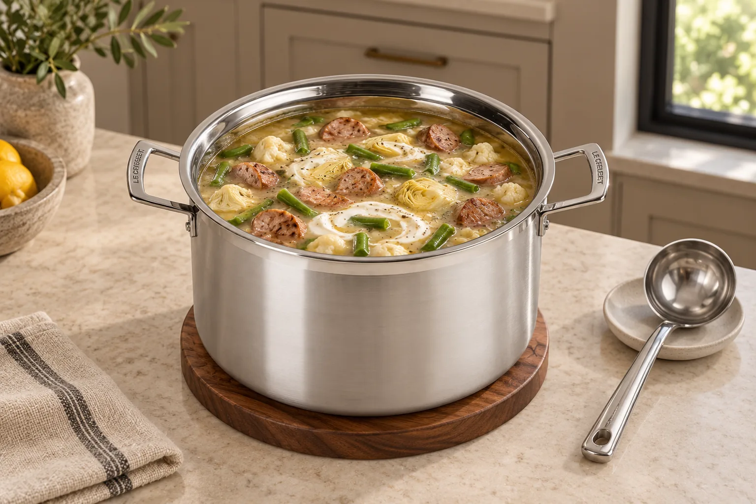 Full GAPS Italian sausage soup off heat with 24-hour sour cream swirling into the broth