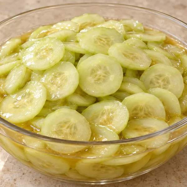 GAPS Japanese cucumber salad with peeled thin cucumber slices in honey ginger dressing