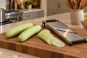 Three peeled cucumbers with paper-thin slices and a supported mandoline for Full GAPS salad