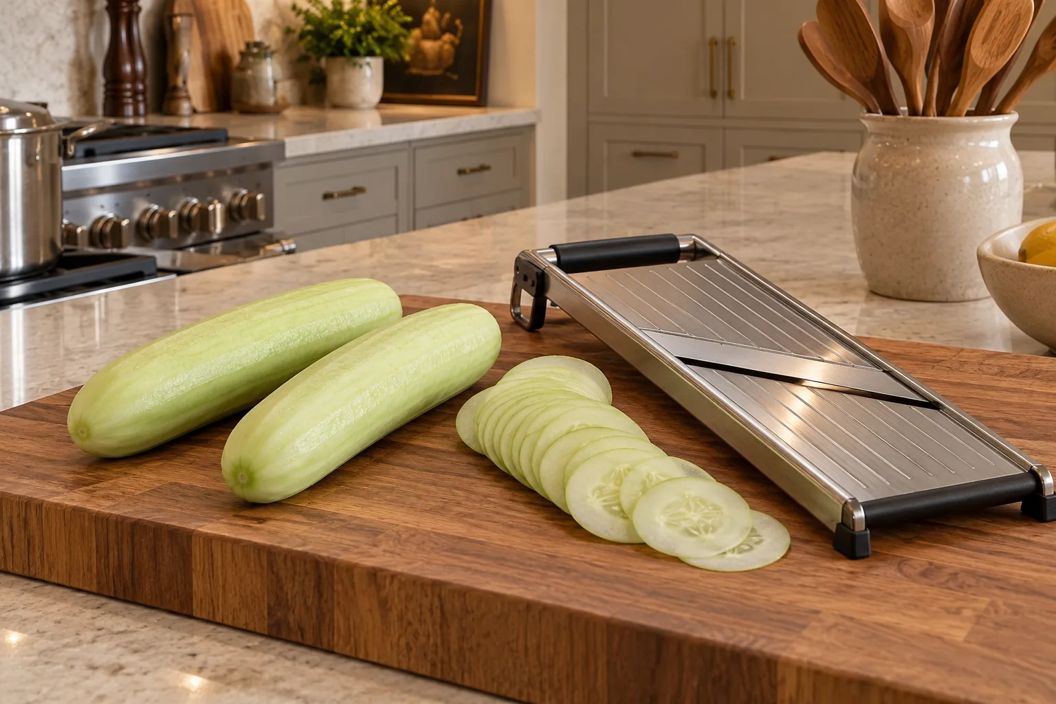 Three peeled cucumbers with paper-thin slices and a supported mandoline for Full GAPS salad