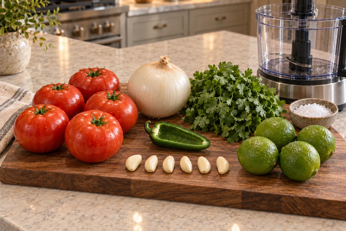 Five tomatoes, one onion, six garlic cloves, cilantro, one seeded jalapeño, four limes, salt, and food processor