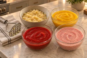 Four prepared fruit fillings for layered GAPS popsicles