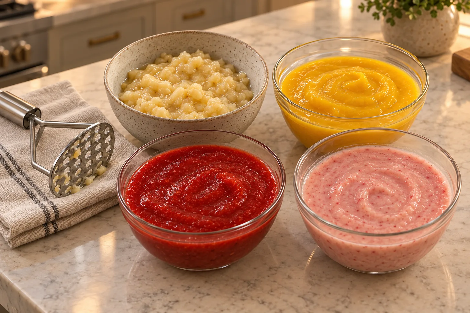 Four prepared fruit fillings for layered GAPS popsicles