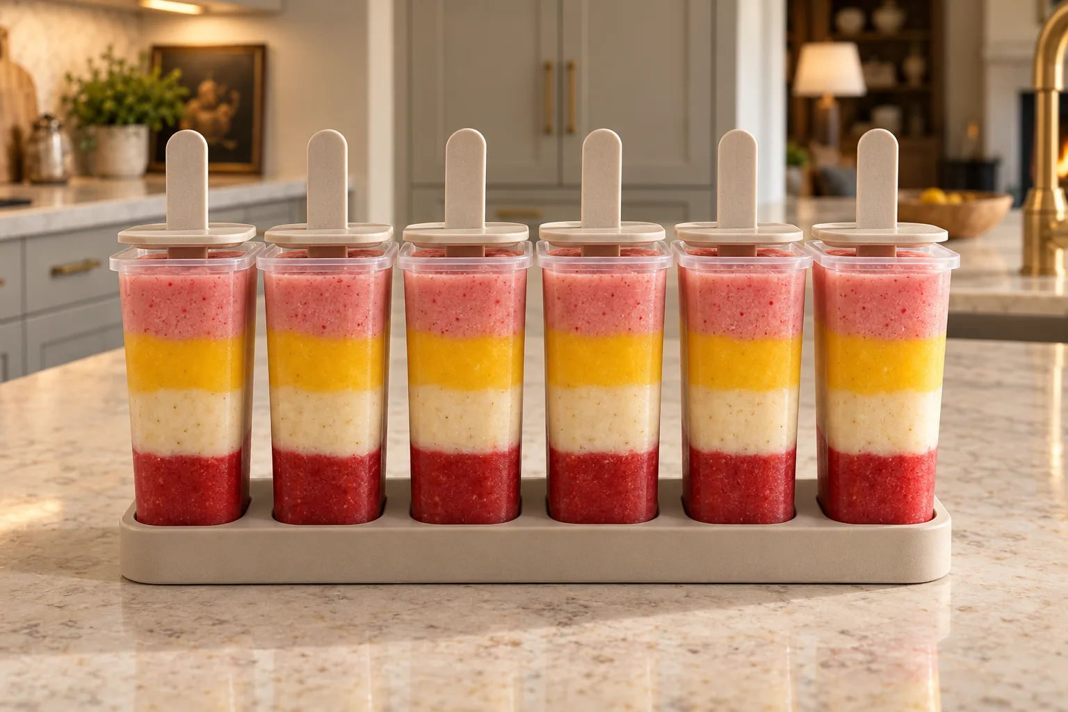 Six GAPS fruit popsicle molds filled in four layers below the rim
