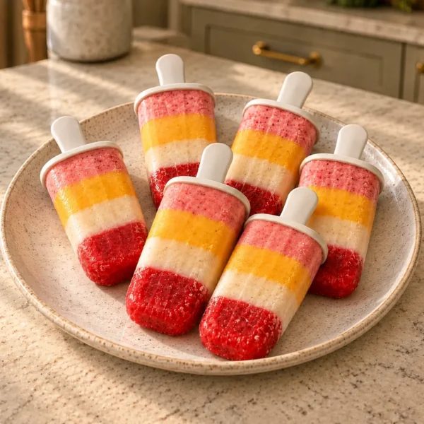 Six layered banana mango strawberry fruit popsicles for Full GAPS on a cream-speckled platter