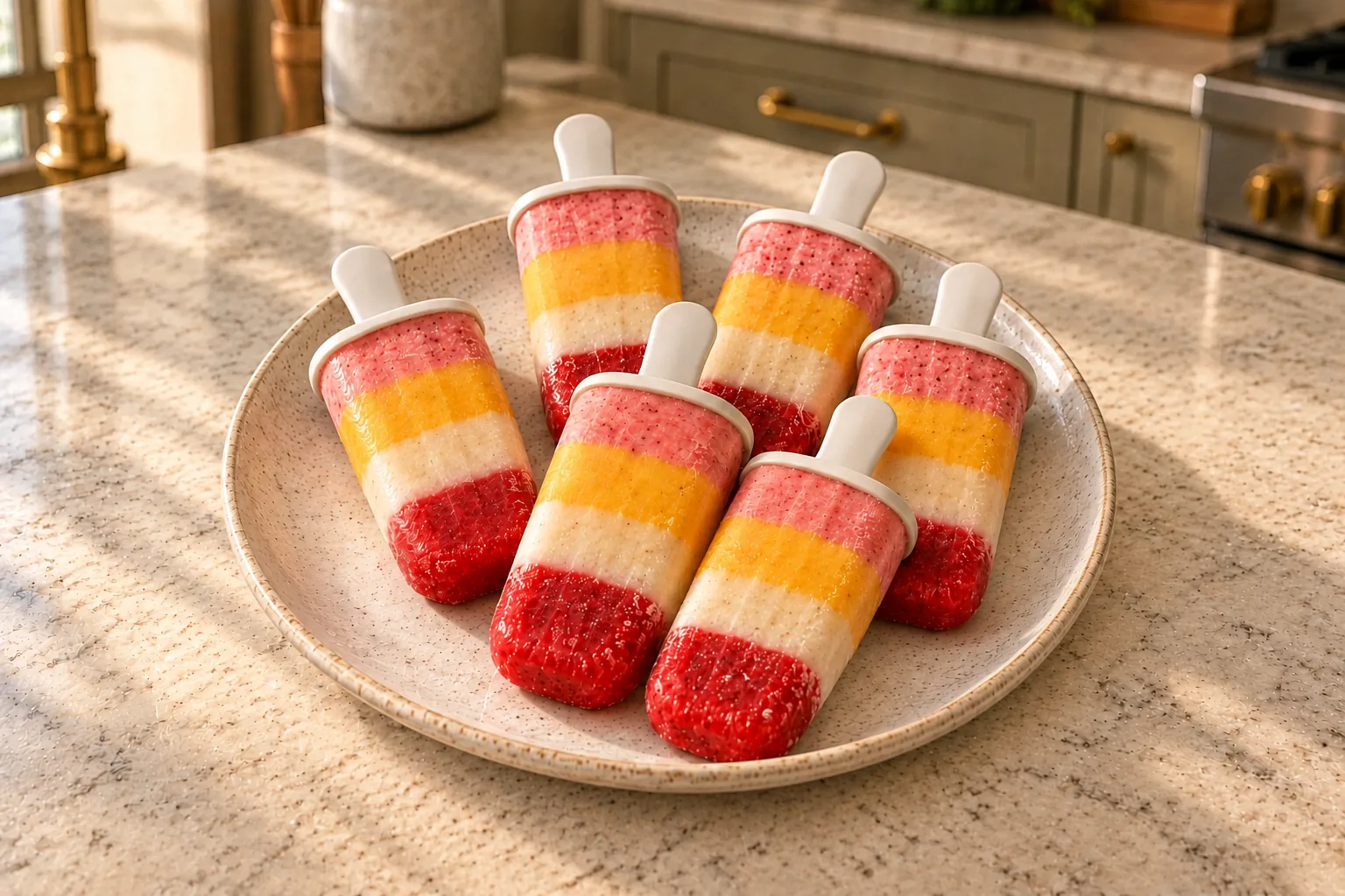 Six layered banana mango strawberry fruit popsicles for Full GAPS on a cream-speckled platter