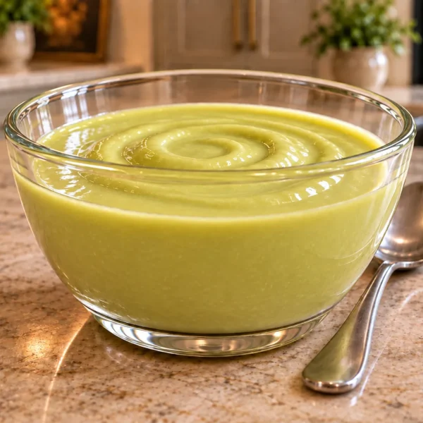 Lemon avocado dressing for Full GAPS in a small glass bowl with a smooth glossy pourable texture