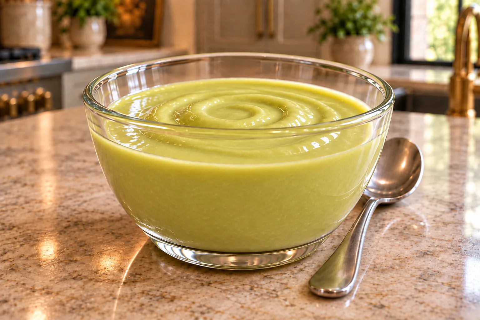 Lemon avocado dressing for Full GAPS in a small glass bowl with a smooth glossy pourable texture