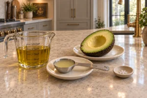 Three tablespoons raw olive oil, one tablespoon fresh lemon juice, half a Hass avocado, and a pinch of salt measured for Full GAPS lemon avocado dressing