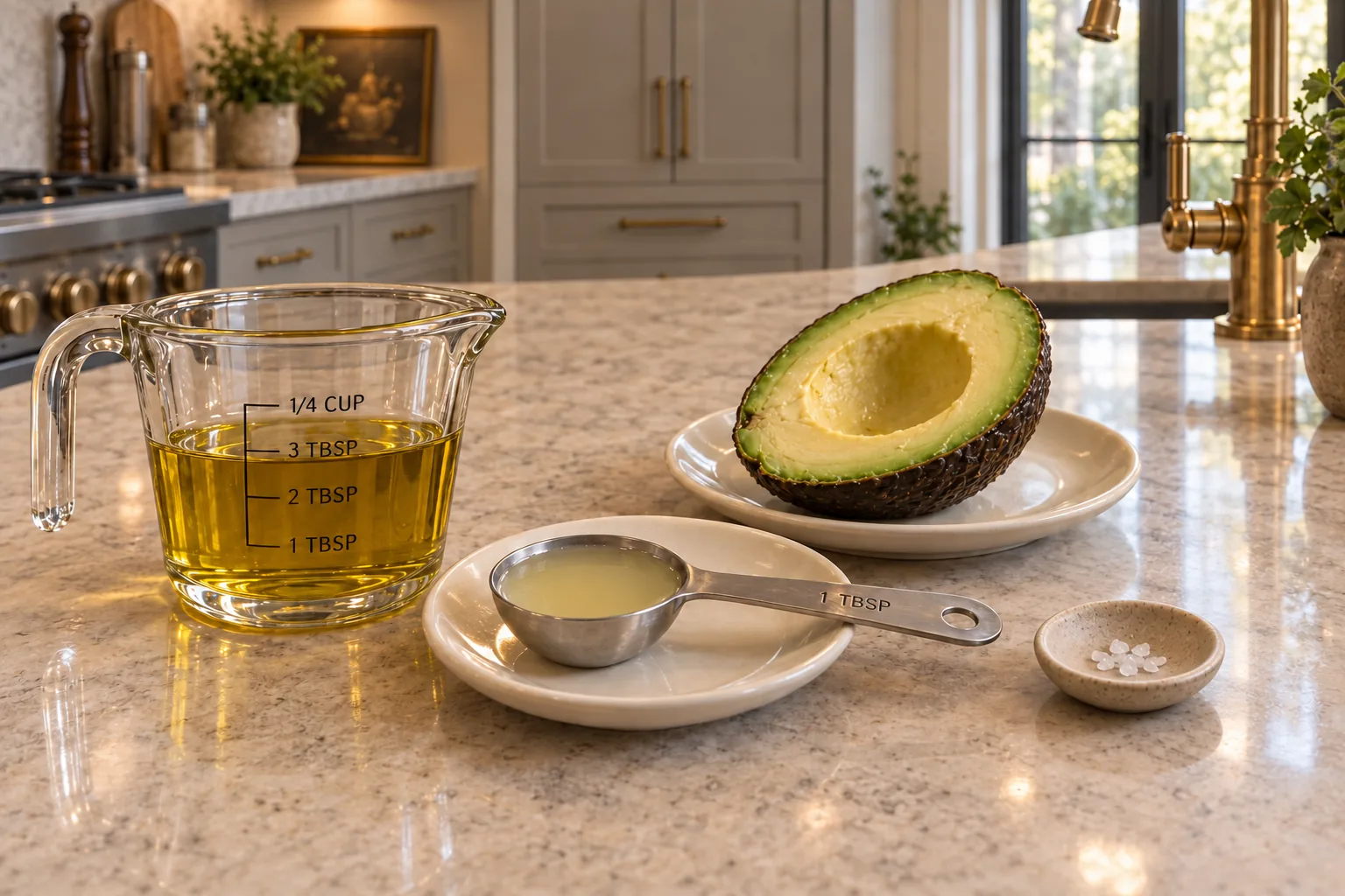 Three tablespoons raw olive oil, one tablespoon fresh lemon juice, half a Hass avocado, and a pinch of salt measured for Full GAPS lemon avocado dressing