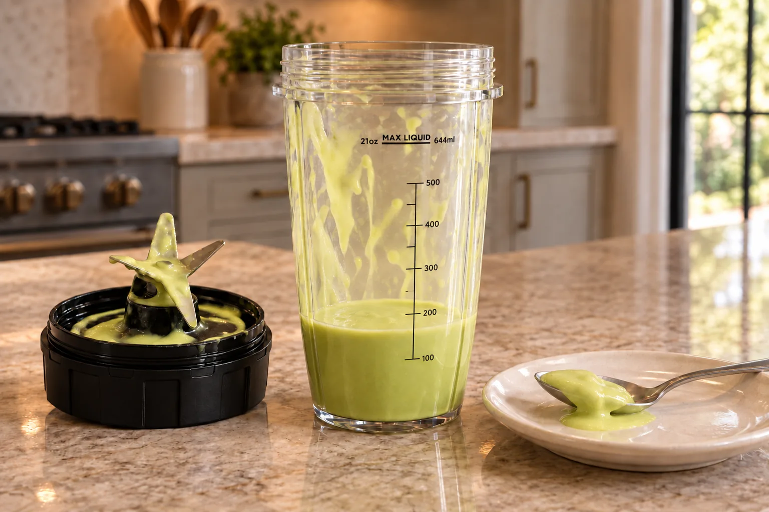 Smooth Full GAPS lemon avocado dressing below the 200-milliliter mark in the exact open Ninja BN801 cup beside its used blade assembly
