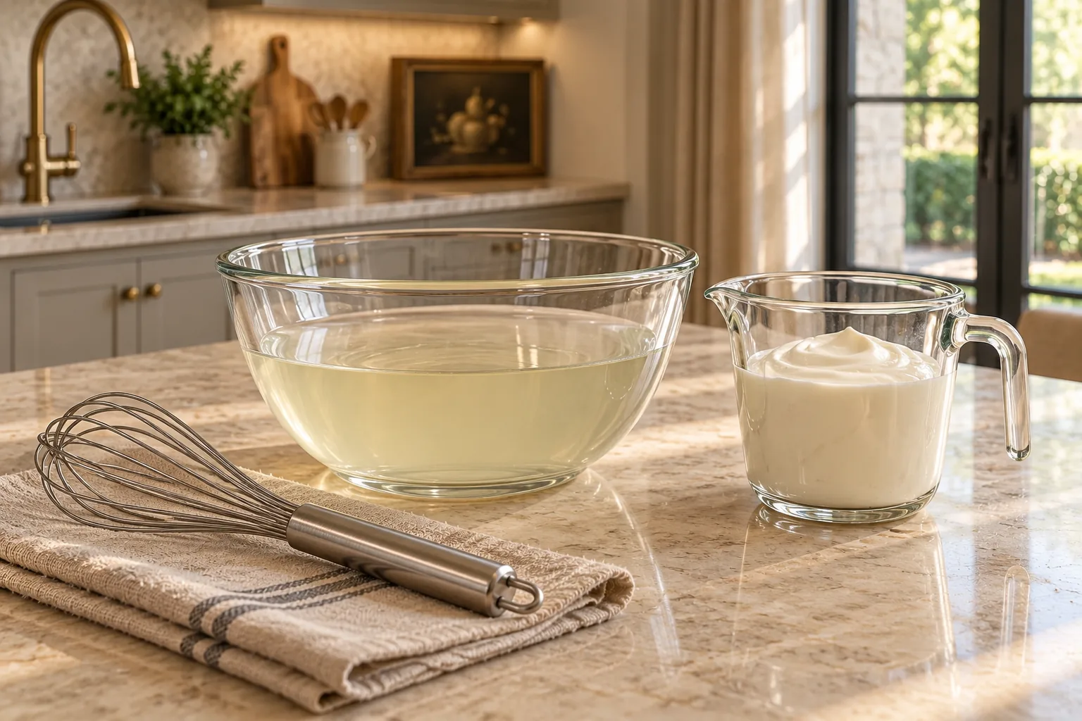 Dissolved lemon, raw honey, filtered water, and sea salt beside cultured sour cream for Full GAPS ice cream