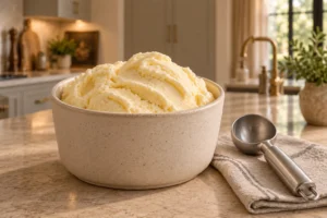 Soft freshly churned Full GAPS lemon ice cream resting in a freezer-safe ceramic container