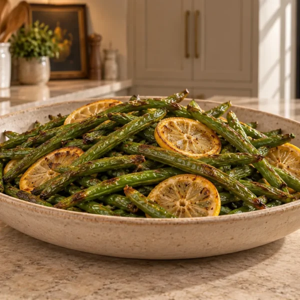 Lemon roasted green beans with browned wrinkled skins for Full GAPS