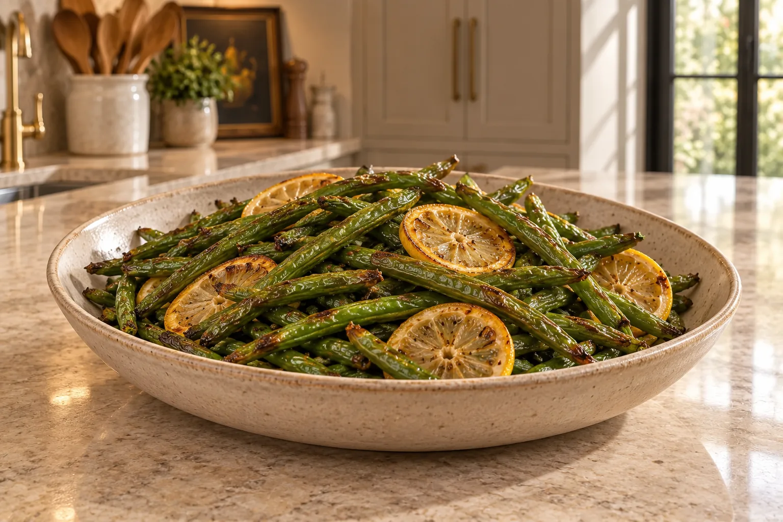 Lemon roasted green beans with browned wrinkled skins for Full GAPS