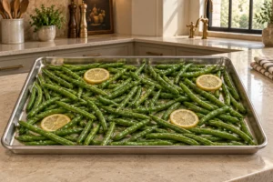 Green beans coated with GAPS cooking fat, fish sauce, and salt beside lemon slices on an unlined stainless pan