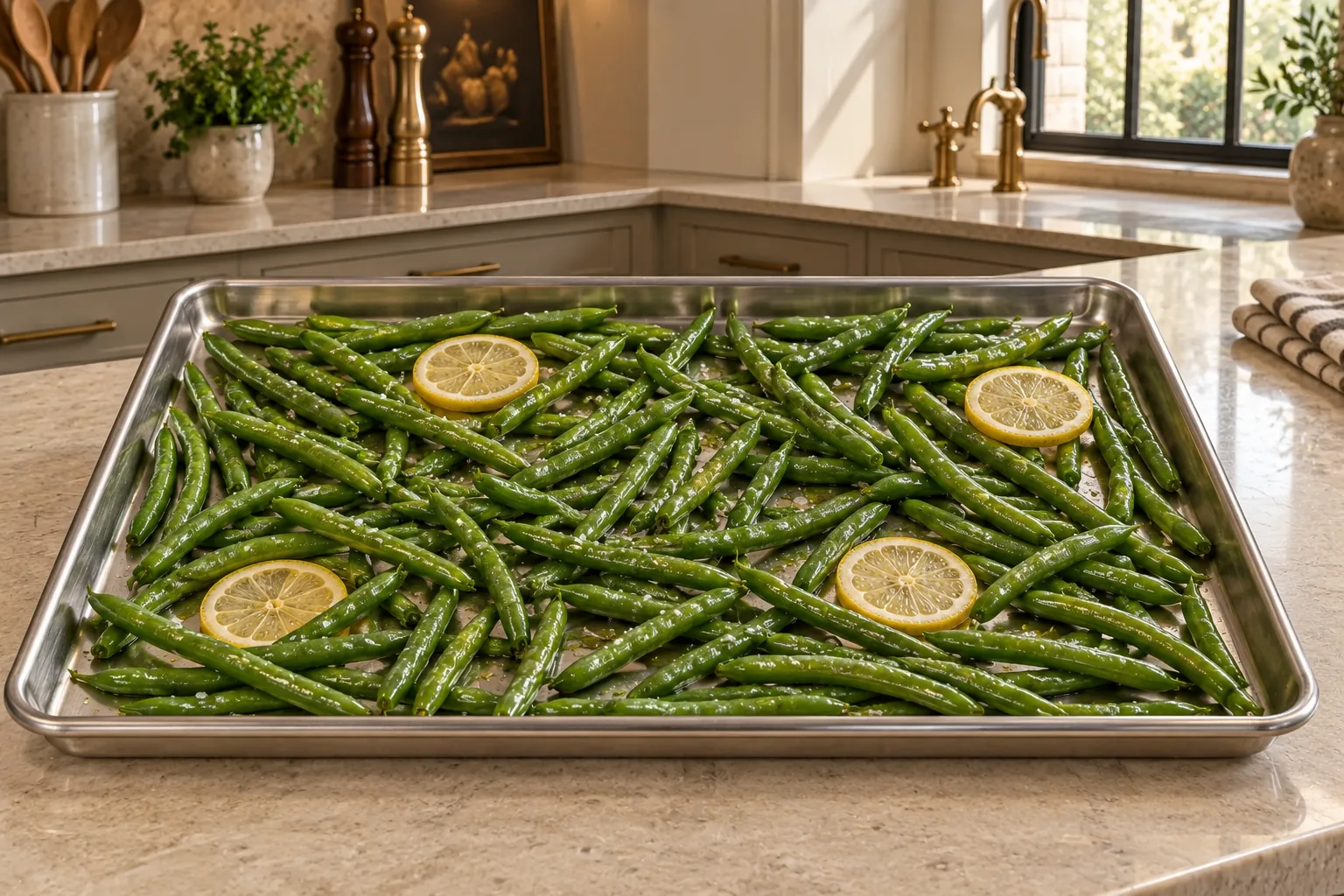 Green beans coated with GAPS cooking fat, fish sauce, and salt beside lemon slices on an unlined stainless pan
