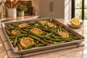 Wrinkled browned Full GAPS green beans and roasted lemon slices on an unlined stainless pan