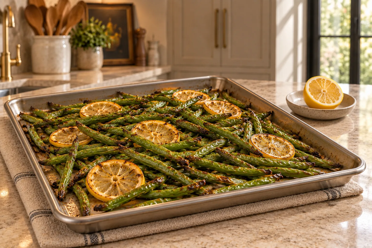 Wrinkled browned Full GAPS green beans and roasted lemon slices on an unlined stainless pan