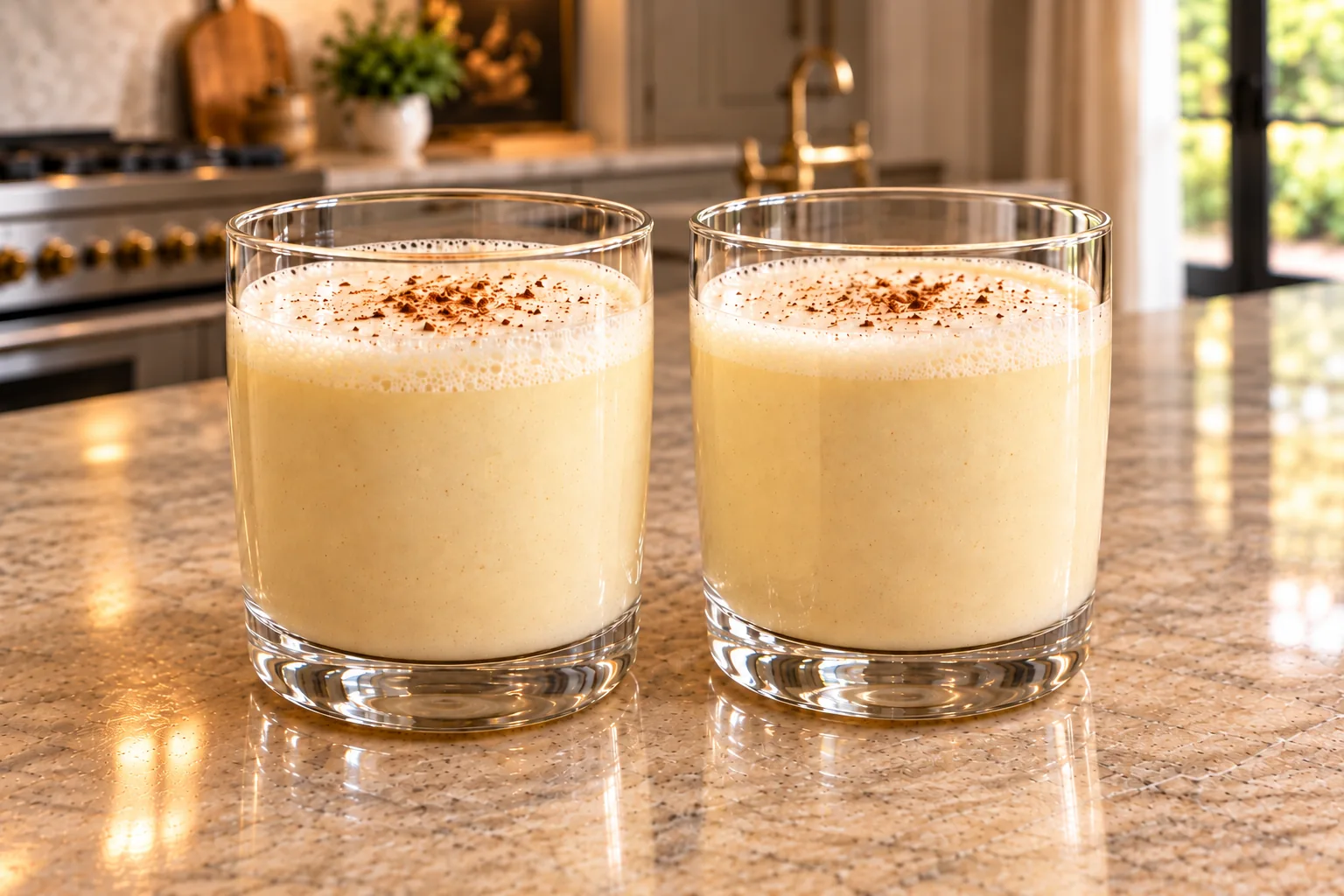 Light coconut milk eggnog for Full GAPS in two glasses with small foam caps and nutmeg