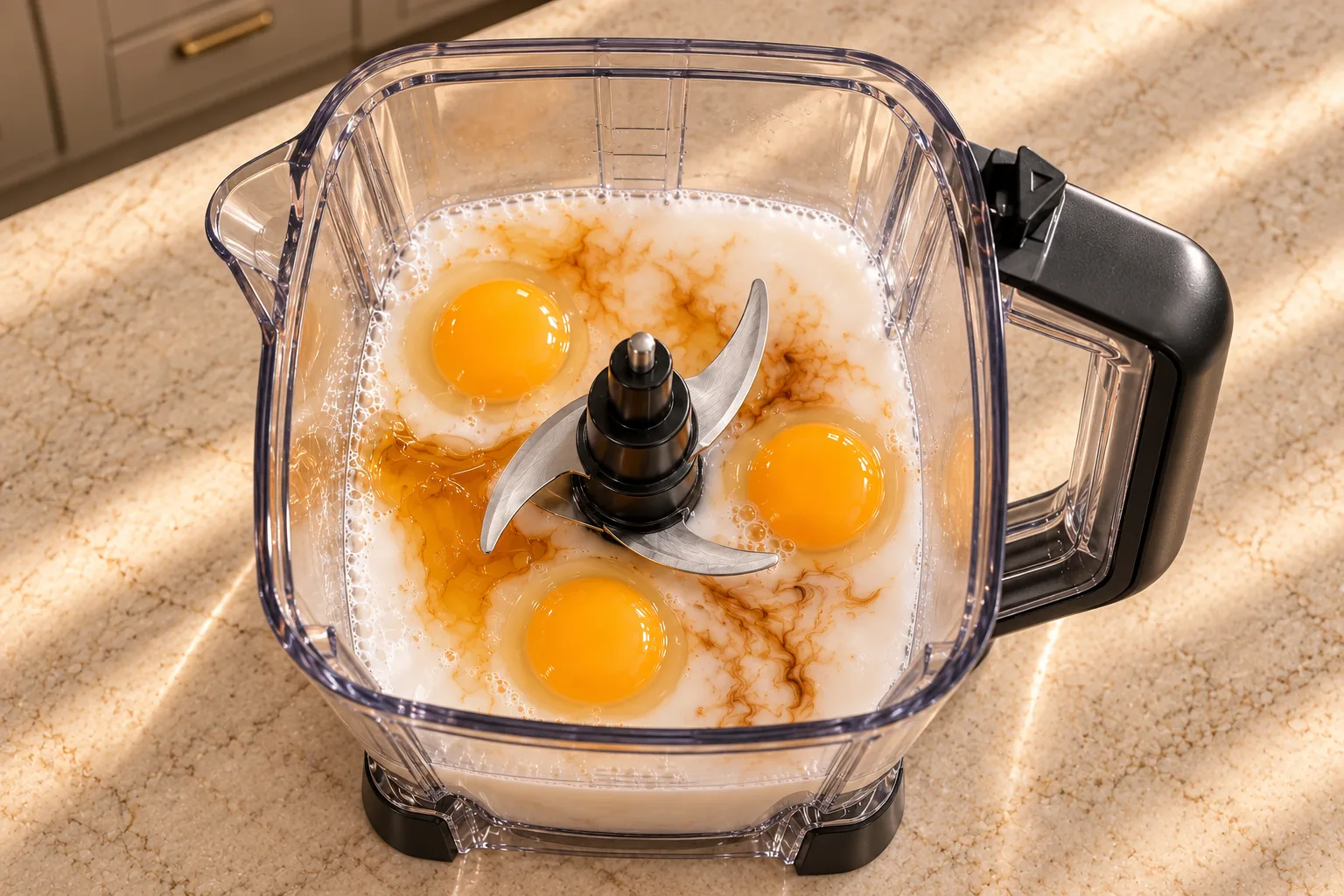 Ninja BN801 pitcher with three whole raw eggs in homemade coconut milk before blending