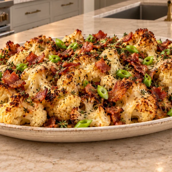 Loaded cauliflower sheet pan dinner with crisp bacon, scallions, herbs, and melted aged cheese