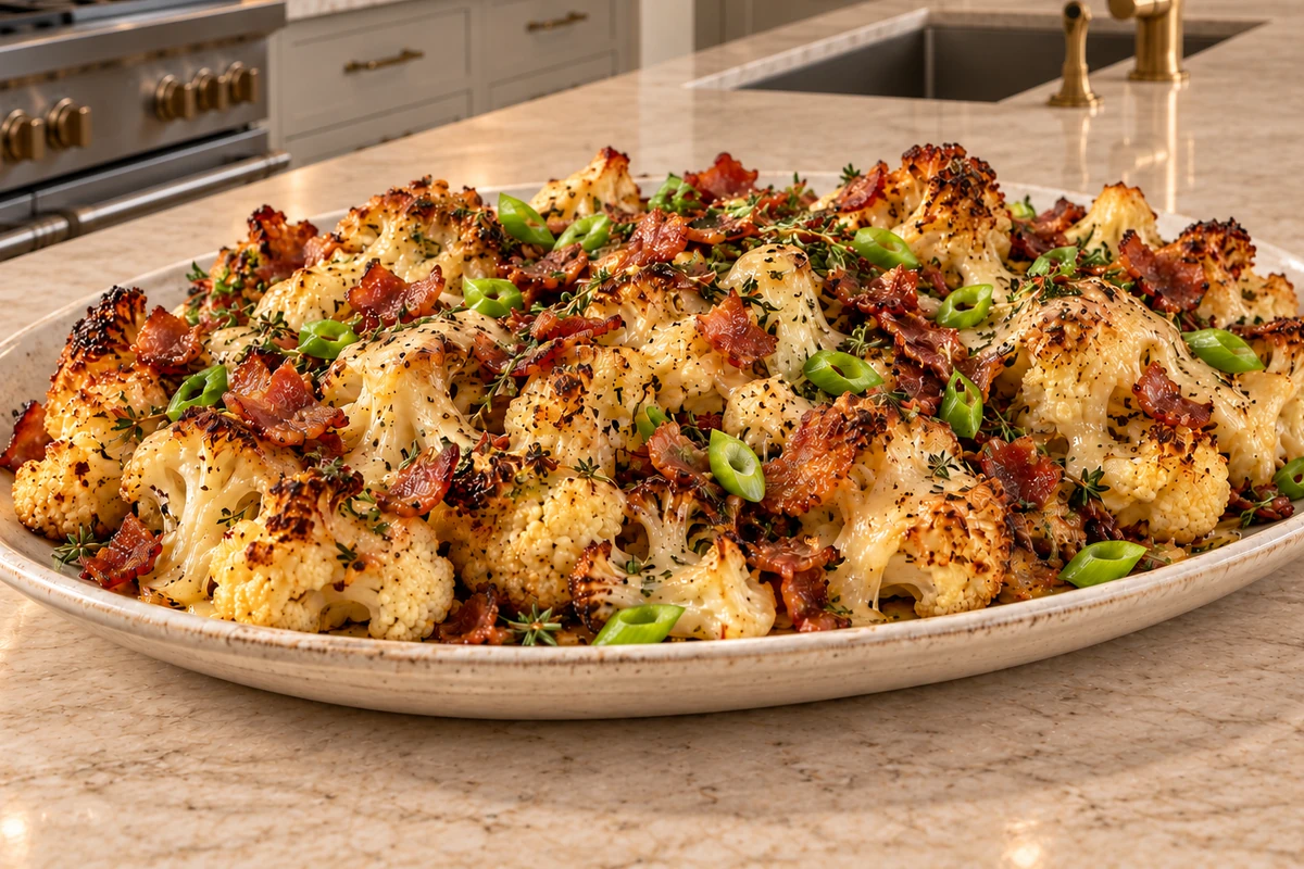 Loaded cauliflower sheet pan dinner with bacon, scallions, thyme, and aged cheese
