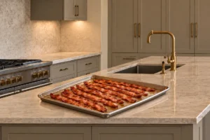 Bacon pieces rendering until crisp on a stainless steel sheet pan