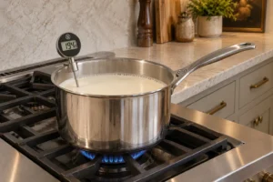Additive-free cream heated to 194 degrees Fahrenheit in a Le Creuset stainless saucepan