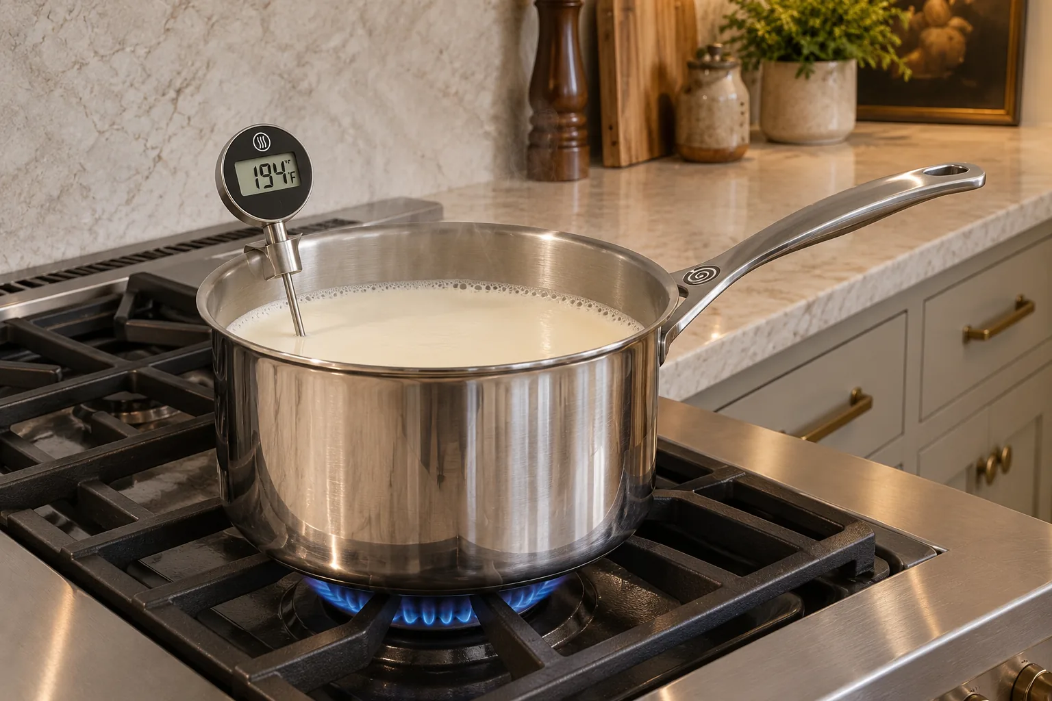 Additive-free cream heated to 194 degrees Fahrenheit in a Le Creuset stainless saucepan
