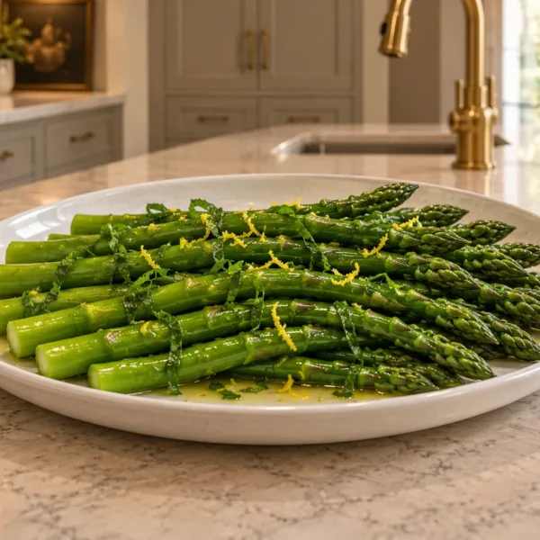 GAPS marinated asparagus salad with lemon mint vinaigrette on a white platter