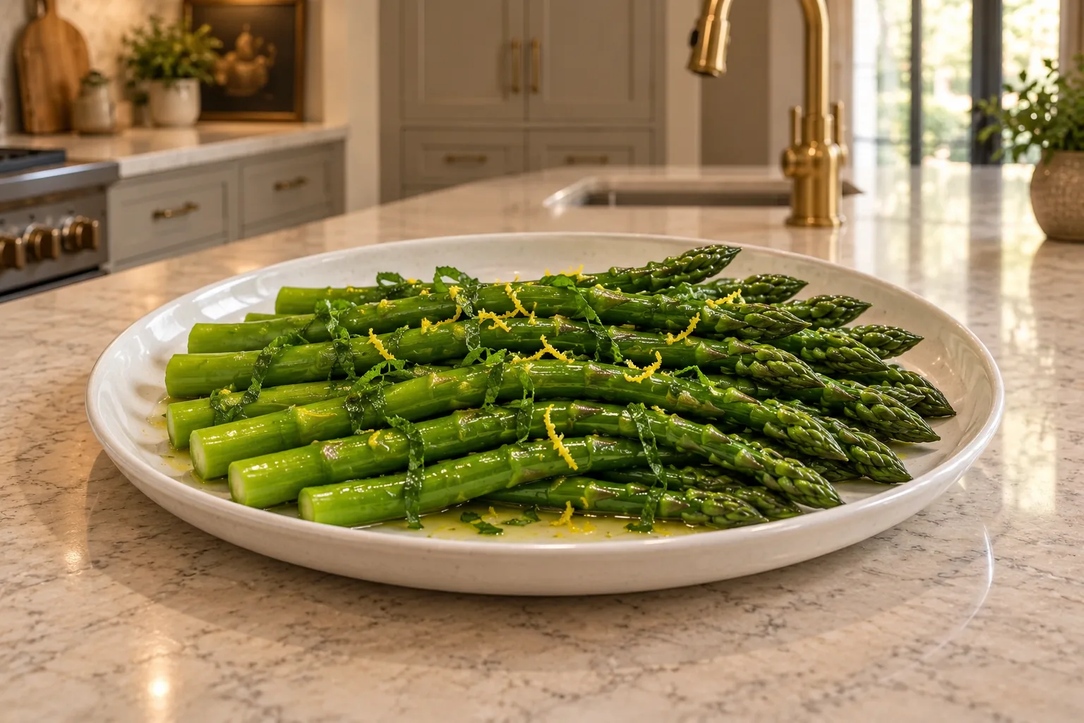 GAPS marinated asparagus salad with lemon mint vinaigrette on a white platter
