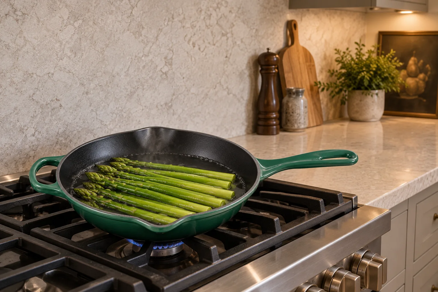 Whole asparagus gently simmering in an Artichaut skillet for Full GAPS marinated asparagus salad