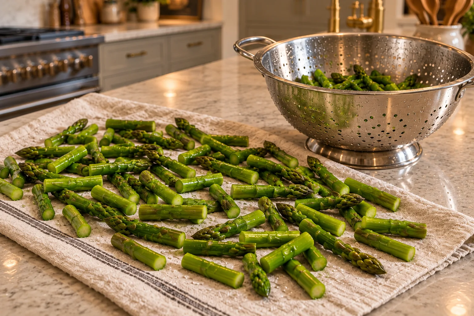 Cooked asparagus pieces draining and drying on linen for a Full GAPS salad