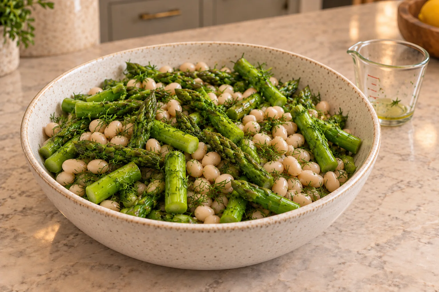 White navy beans and asparagus just dressed with raw olive oil lemon and dill