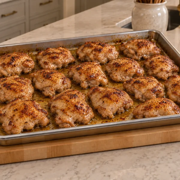 Meal prep sheet pan chicken thighs for Full GAPS with golden edges and pan juices