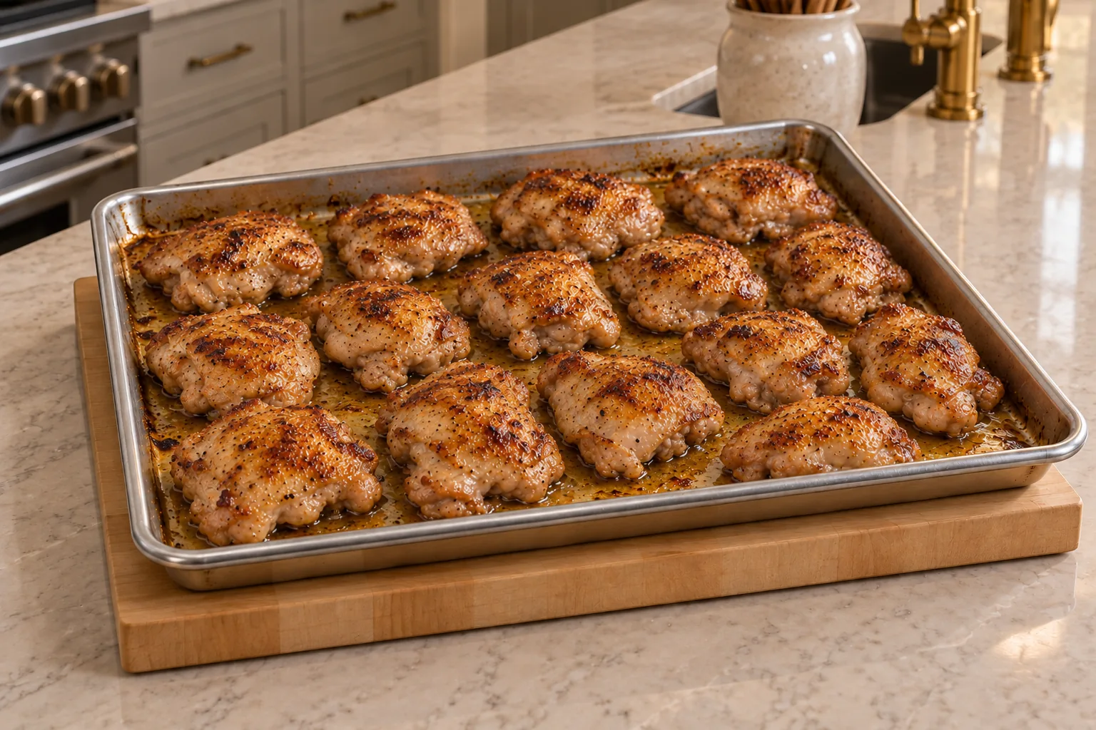 Meal prep sheet pan chicken thighs for Full GAPS with golden edges and pan juices