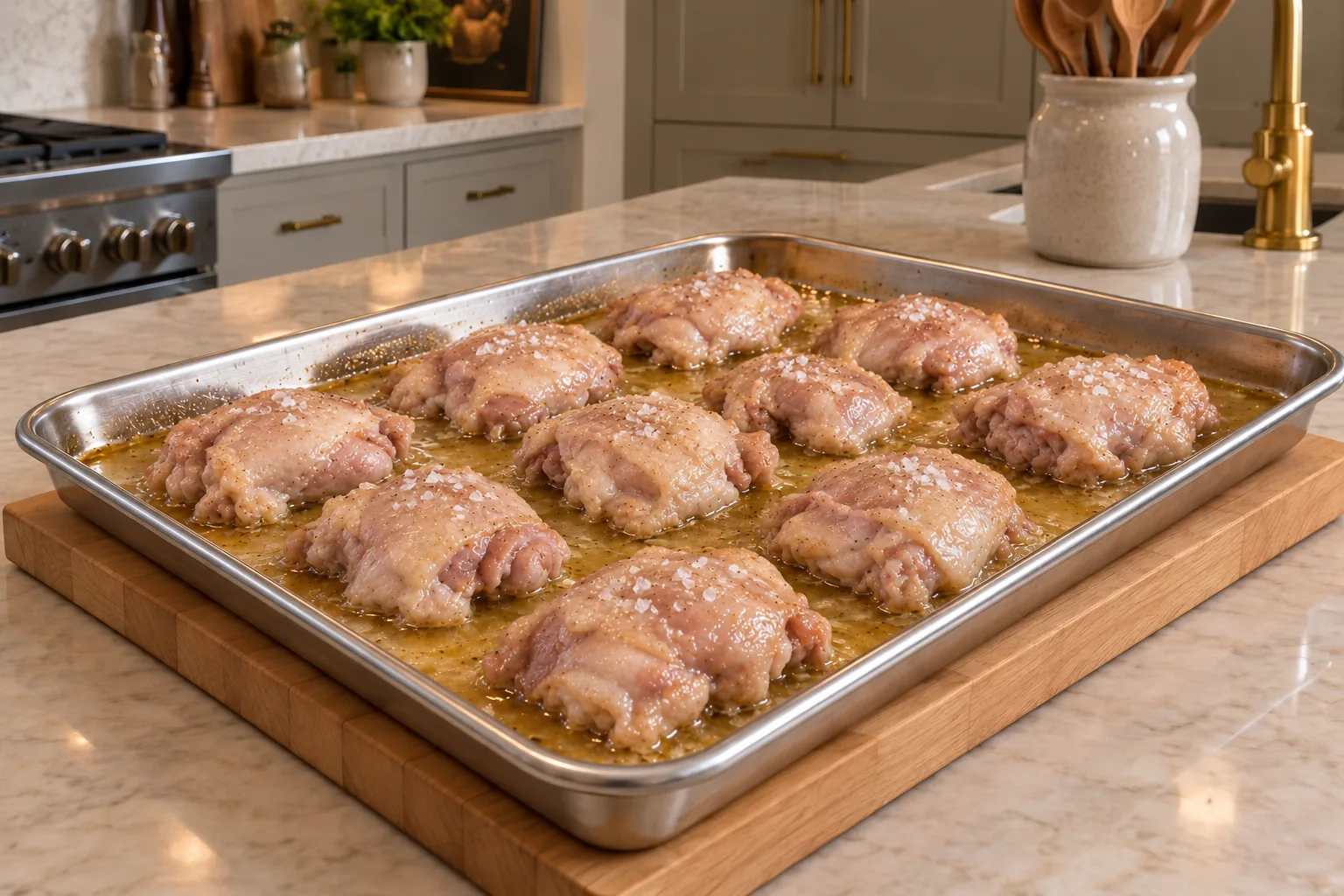Chicken thighs after the first 25-minute bake sitting in clear golden pan juices
