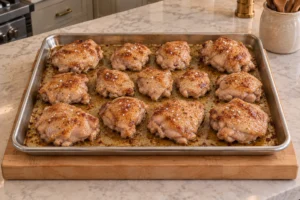 Flipped chicken thighs arranged with thick pieces at the pan edges before the second bake