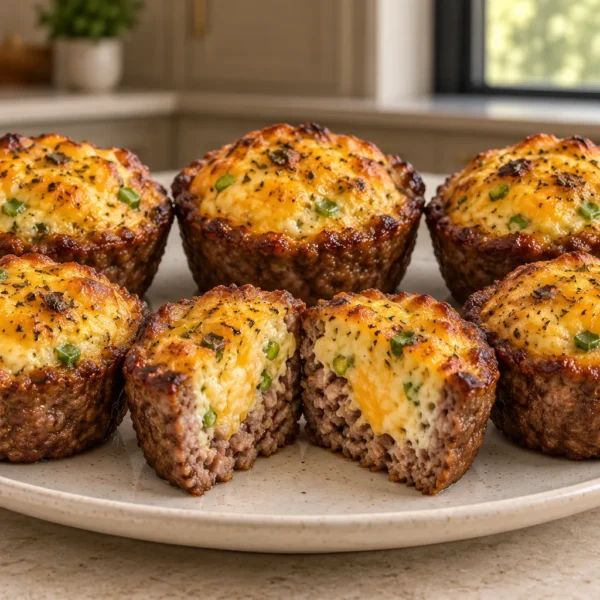 Six GAPS meat and egg muffins with cheddar on a ceramic plate, one cut open
