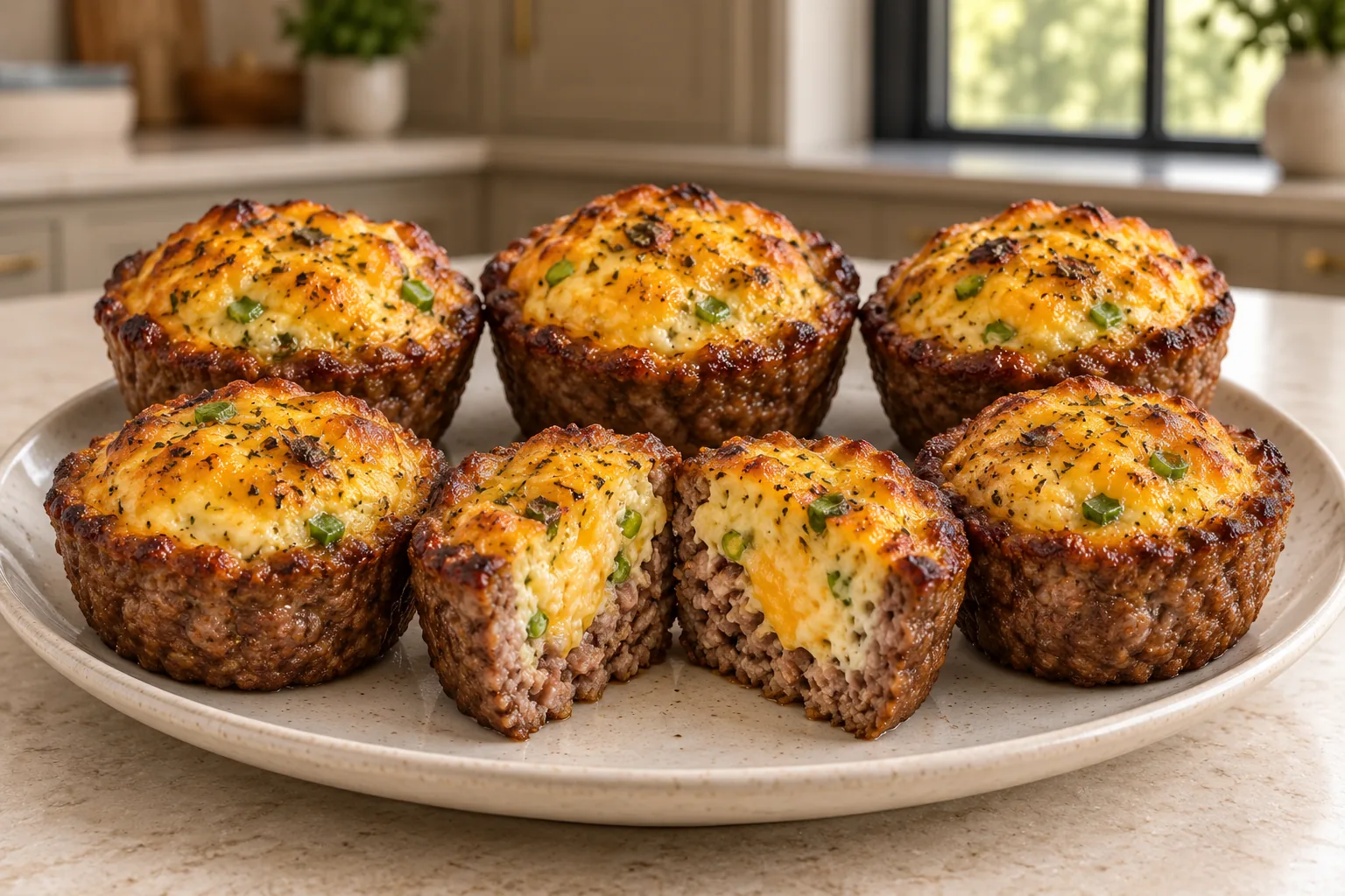 Six GAPS meat and egg muffins with cheddar on a ceramic plate, one cut open