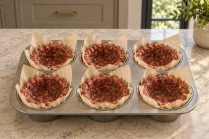 Six raw seasoned ground beef shells in tall unbleached parchment liners in a stainless muffin pan