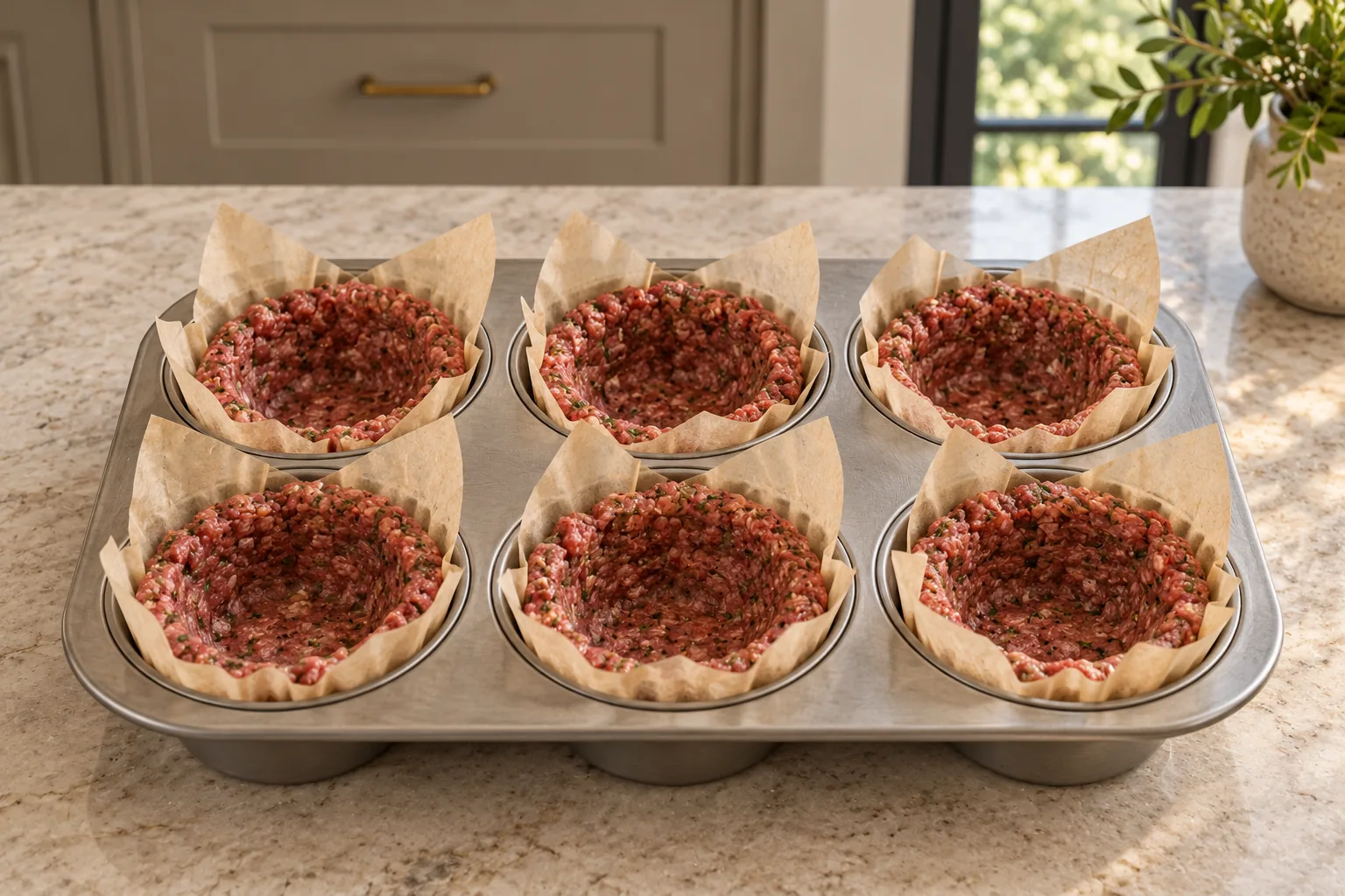 Six raw seasoned ground beef shells in tall unbleached parchment liners in a stainless muffin pan