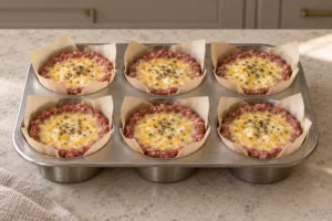 Six parchment-lined raw meat cups filled with egg cheddar sour cream custard and topped with dried basil