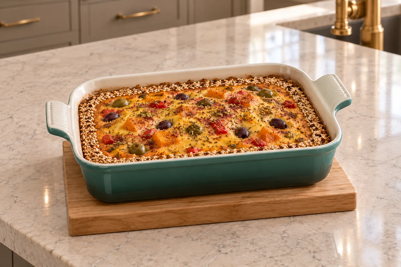 Mediterranean squash and olive crustless quiche for Full GAPS with a sesame border
