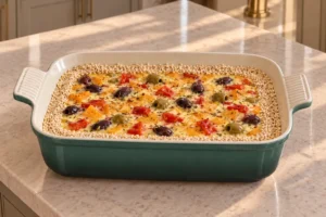 Unbaked squash olive and red pepper quiche with a double sesame border in an Artichaut dish